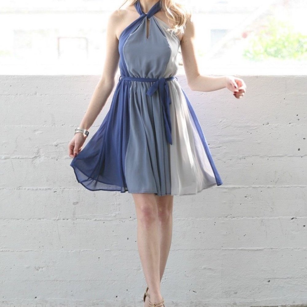 Blue Color Block Halter Dress with Waist Tie Belt
